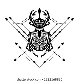 Tatuaje de escarabajo de carabina. Tatuaje de fallos. Insectos. Símbolo de vida eterna, resurrección, resurgimiento. Dibujo en blanco y negro. Tatuaje vectorial