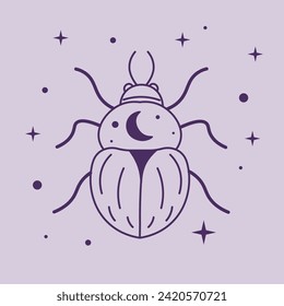 Scarab beetles or scarabaeus sacer decorated with moon. Mystic insect in boho technique with engraving of waning phase of luna. Symbol of transformation, regeneration and rebirth. Vector in flat style