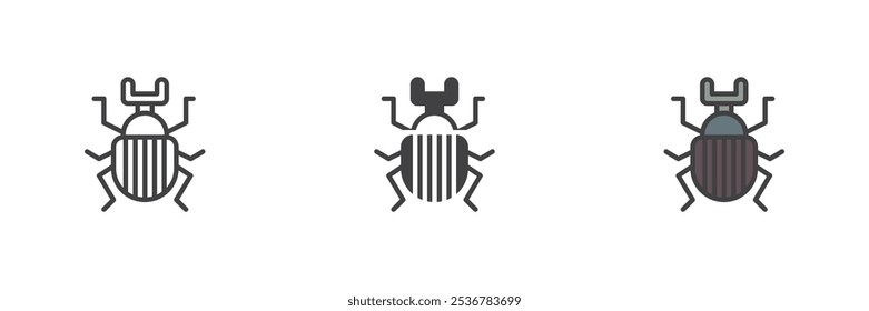 Scarab bug different style icon set. Line, glyph and filled outline colorful version, outline and filled vector sign. Colorado beetle symbol, logo illustration. Vector graphics