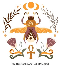 Scarab, crescent, stars, magic. astrology, esotericism, Tarot, mysticism and magic. Hand drawn vector illustration.