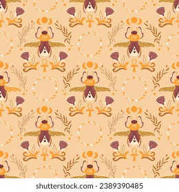 Scarab, crescent, stars, magic. Seamless pattern on a beige background. Boho pattern for astrology, esotericism, Tarot, mysticism and magic. Hand drawn vector illustration.