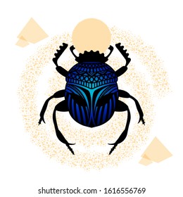 The scarab is an Egyptian beetle, a mythological creature. Realistic outlines of the insect figure and painting of the shell with geometric elements. Vector isolated image on a light background.