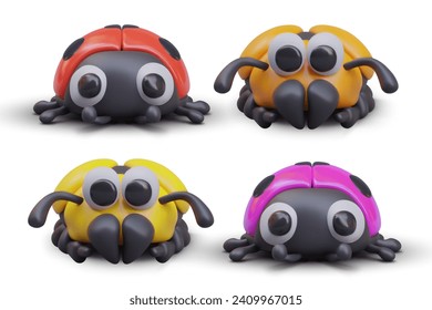 Scarab and ladybug closeup. Beetles of different types and colors. Insects with funny faces. Ladybird and dung beetle. Set of detailed isolated 3D illustrations