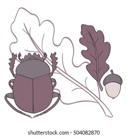 Scarab. Oak leaf and acorn.  Vector illustration.