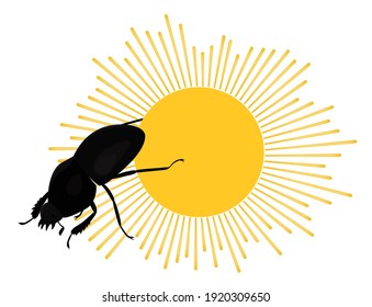 Scarab sacred Egyptian beetle rolls sun disk. Colorful flat illustration. Vector insect isolated on white.