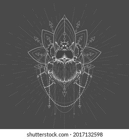 Scarab and Sacred geometric symbol on black background. Abstract mystic sign. White linear shape.