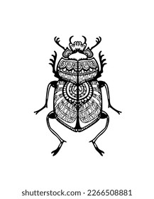 Scarab or scarabaeus beetle, decorative artistic sketch with tangle pattern. Black and white symbol from Egyptian mythology with geometric ornament. Beautiful mystic fantasy design element for prints