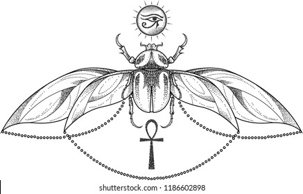 scarab symbol of gods ra, horus in stippling drawing style