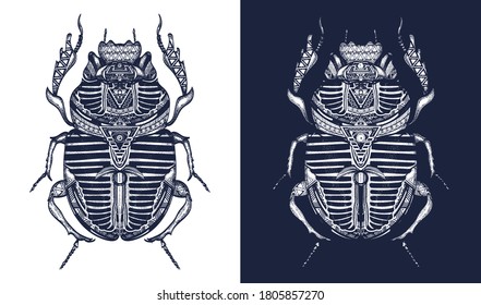 Scarab tattoo. Ancient Egypt art. Spiritual symbol of pharaoh, god Ra, t-shirt design. Black and white vector graphics