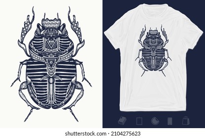 Scarab tattoo. Ancient Egypt art. Spiritual symbol of pharaoh, god Ra, t-shirt design. Vector graphics template. Hand drawn illustration