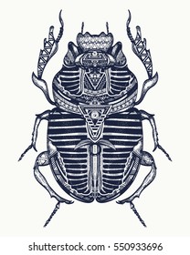 Scarab tattoo, ancient Egypt art. Spiritual symbol of pharaoh, god Ra, t-shirt design. Egyptian sacred bug a scarab, symbol of the sun 