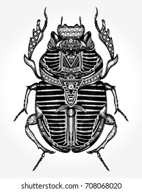 Scarab tattoo, ancient Egypt art. Spiritual symbol of pharaoh, god Ra, t-shirt design 