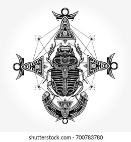 Scarab tattoo, ancient Egypt, mythology. Symbol of pharaoh, gods Ra, sun, t-shirt design 