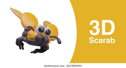 Scarab with yellow wings. Large beetle with unfolded elytra and wings. Color insect flies. Character with funny face. Isolated 3D illustration for web design