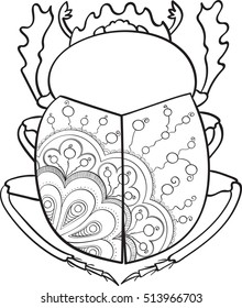 Scarab in Zentangle style. Contour drawing. Illustration for coloring book. Vector illustration.