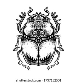 Scarabaeus sacer, Dung beetle. Sacred symbol of in ancient Egypt. Fantasy ornate insects. Isolated vector illustration. Spirituality, occultism, chemistry, occult sun tattoo.