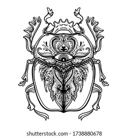 Scarabaeus sacer, Dung beetle. Sacred symbol of in ancient Egypt. Fantasy ornate insects. Isolated vector illustration. Spirituality, occultism, chemistry, occult sun tattoo.