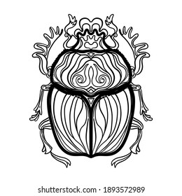 Scarabaeus sacer, Dung beetle. Sacred symbol of in ancient Egypt. Fantasy ornate insects. Isolated vector illustration. Spirituality, occultism, chemistry, occult sun tattoo.