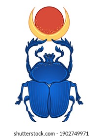 Scarabaeus sacer, Dung beetle. Sacred symbol of in ancient Egypt. Fantasy ornate insects. Isolated vector illustration. Spirituality, occultism, chemistry, occult sun tattoo.