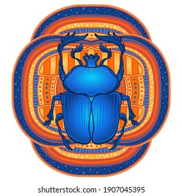 Scarabaeus sacer, Dung beetle. Sacred symbol of in ancient Egypt. Fantasy ornate insects. Isolated vector illustration. Spirituality, occultism, chemistry, occult sun tattoo.