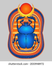 Scarabaeus sacer, Dung beetle. Sacred symbol of in ancient Egypt. Fantasy ornate insects. Isolated vector illustration. Spirituality, occultism, chemistry, occult sun tattoo.