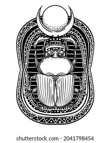 Scarabaeus sacer, Dung beetle. Sacred symbol of in ancient Egypt. Fantasy ornate insects. Isolated vector illustration. Spirituality, occultism, chemistry, occult sun tattoo.