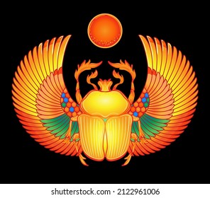 Scarabaeus sacer, Dung beetle. Sacred symbol of in ancient Egypt. Fantasy ornate insects. Isolated vector illustration. Spirituality, occultism, chemistry, occult sun tattoo.