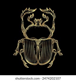 Scarabaeus sacer, Dung beetle. Sacred symbol of in ancient Egypt. Fantasy ornate insects. Hand-drawn vintage vector outline illustration in gold over black.