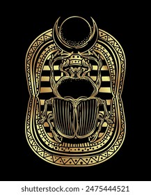 Scarabaeus sacer, Dung beetle. Sacred symbol of in ancient Egypt. Fantasy ornate insects. Hand-drawn vintage vector outline illustration in gold over black.