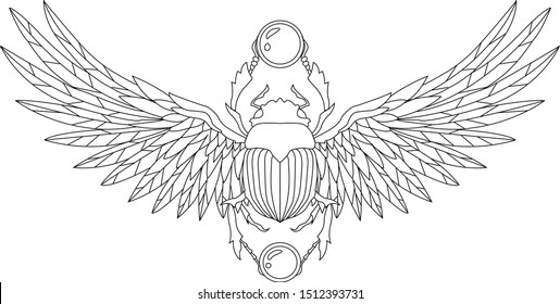 Scarabeus Bug Coloring Page For Adults. Zen Coloring Outline Egyptian Style Vector Illustration.