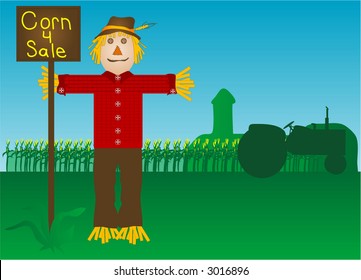 Scare crow, corn for sale sign, farm and tractor in the background.Vector.