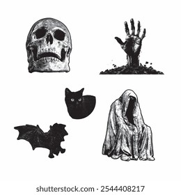 Scare design elements for compositing photos with photocopy halftone textures, cat, skull, ghost