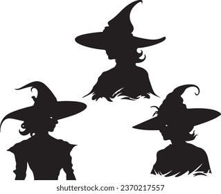 Scare Set of Black Icons for Halloween: Isolated and Paired with a Classic Witch Silhouette. Halloween Witch with Hat Vector Collection