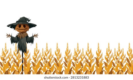 Scarecrow in autumn corn field with pumpkin head and golden crop on transparency background