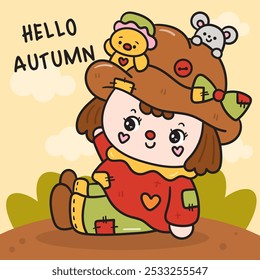 Scarecrow Autumn girl fall season cozy nature with bird and rat (cute kid). Kawaii drawing November (harvest festival) character adorable child. Perfect makes a wish for background and shirt design.