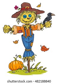 Scarecrow in Autumn with Pumpkin, Falling Leaves and Crow - Halloween Illustration