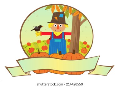 Scarecrow Banner - Cute scarecrow is standing in a pumpkin patch with a blank banner in the front. Eps10