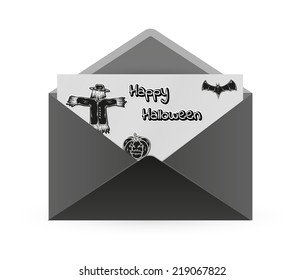 scarecrow, bat and pumpkin on paper in black envelope, vector