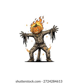 Espantapájaros con diseño de Vector plano de icono de cabeza de calabaza ardiente.