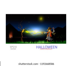 a scarecrow burns a tree with lightning