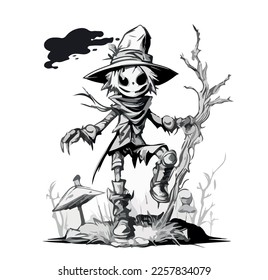 Scarecrow in cartoon black and white style for coloring. Vector illustration