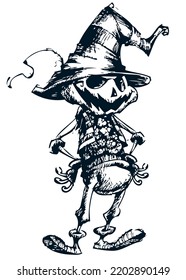 Scarecrow cartoon character. Halloween skeleton design for party invitation, poster. Vector skull face illustration isolated. Handdrawing style illustration made with strokes
