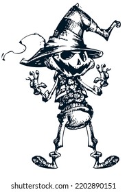 Scarecrow cartoon character. Halloween skeleton design for party invitation, poster. Vector skull face illustration isolated. Handdrawing style illustration made with strokes

