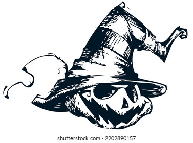 Scarecrow cartoon character. Halloween skeleton design for party invitation, poster. Vector skull face illustration isolated. Handdrawing style illustration made with strokes
