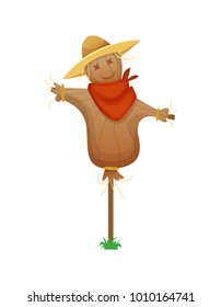 Scarecrow. Cartoon Stuffed Man in a Red Armband and Straw Hat