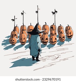 A scarecrow casting long  eerie shadows in pumpkin patch at dusk  Vector Illustration 