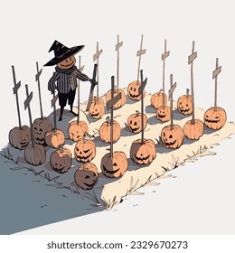 A scarecrow casting long  eerie shadows in pumpkin patch at dusk  Vector Illustration 