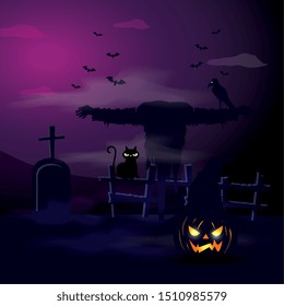 scarecrow with cat and tomb in scene halloween