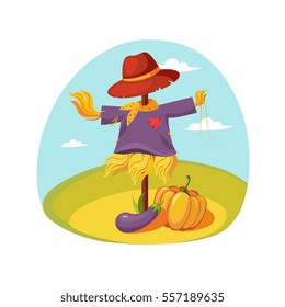 Scarecrow In Clothes Standing On A Field With Pumpkin Under , Farm And Farming Related Illustration In Bright Cartoon Style