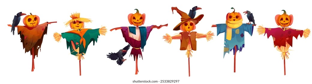 Scarecrow collection with pumpkin head, straw body and clothes, with black crow bird. Cartoon vector illustration set of Halloween farm field and garden protection decoration with vegetable.